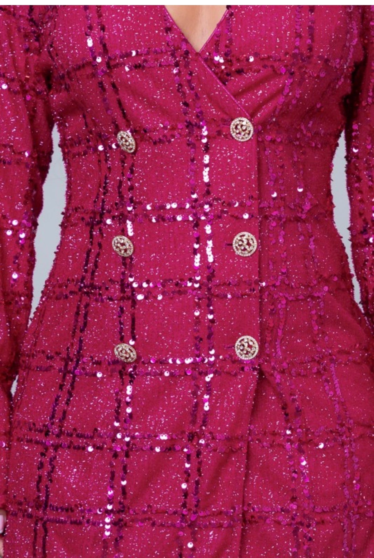 Fuchsia Sequin Mini dress with button front and long sleeves