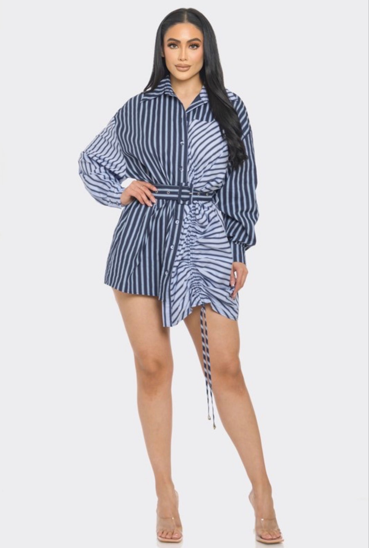 Multi stripes shirt dress with long sleeves and button front design